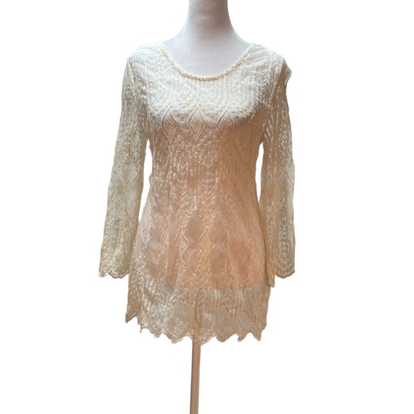 Kenar Cream Lace 3/4 Sleeve Blouse with Back Button Keyhole Size Medium - Picture 2 of 11